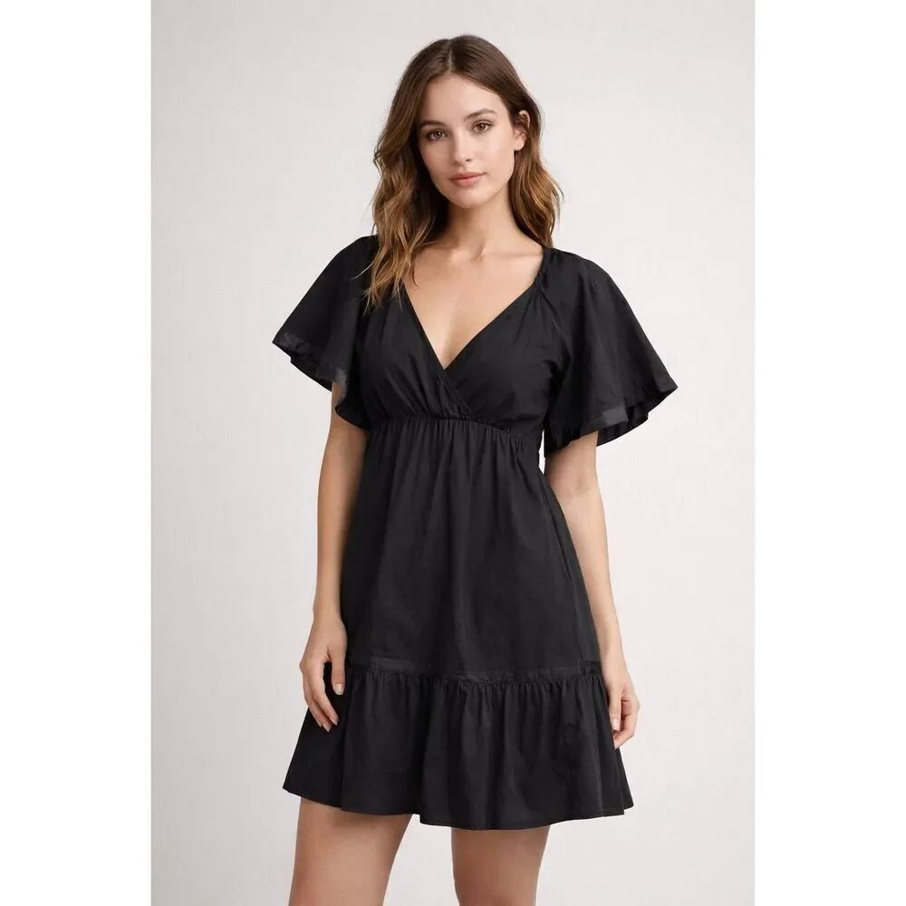 Bebe Black Flutter Sleeve Mini Dress XS Babydoll V Neck